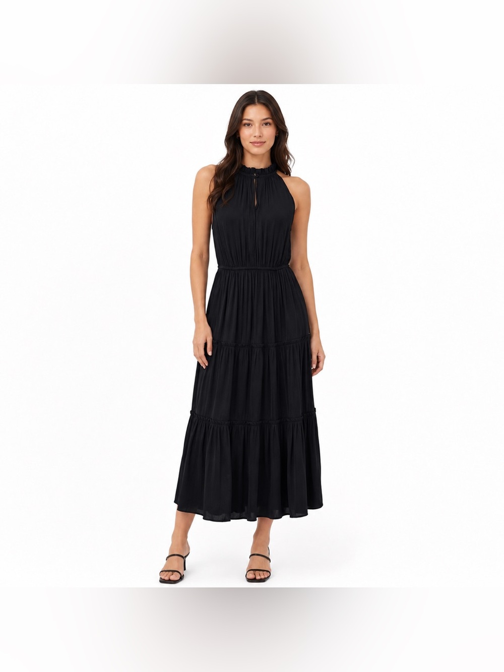 GAP Black Halter Tiered Midi Dress Sleeveless Elastic Waist Flowy Women’s